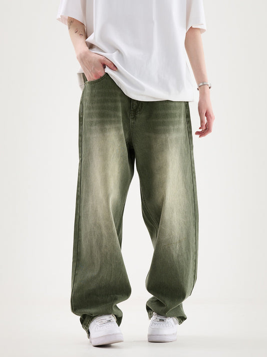 Deep Green Baggy Wide Leg Washed Jeans