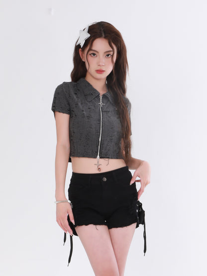 Destroyed Zip Crop Top