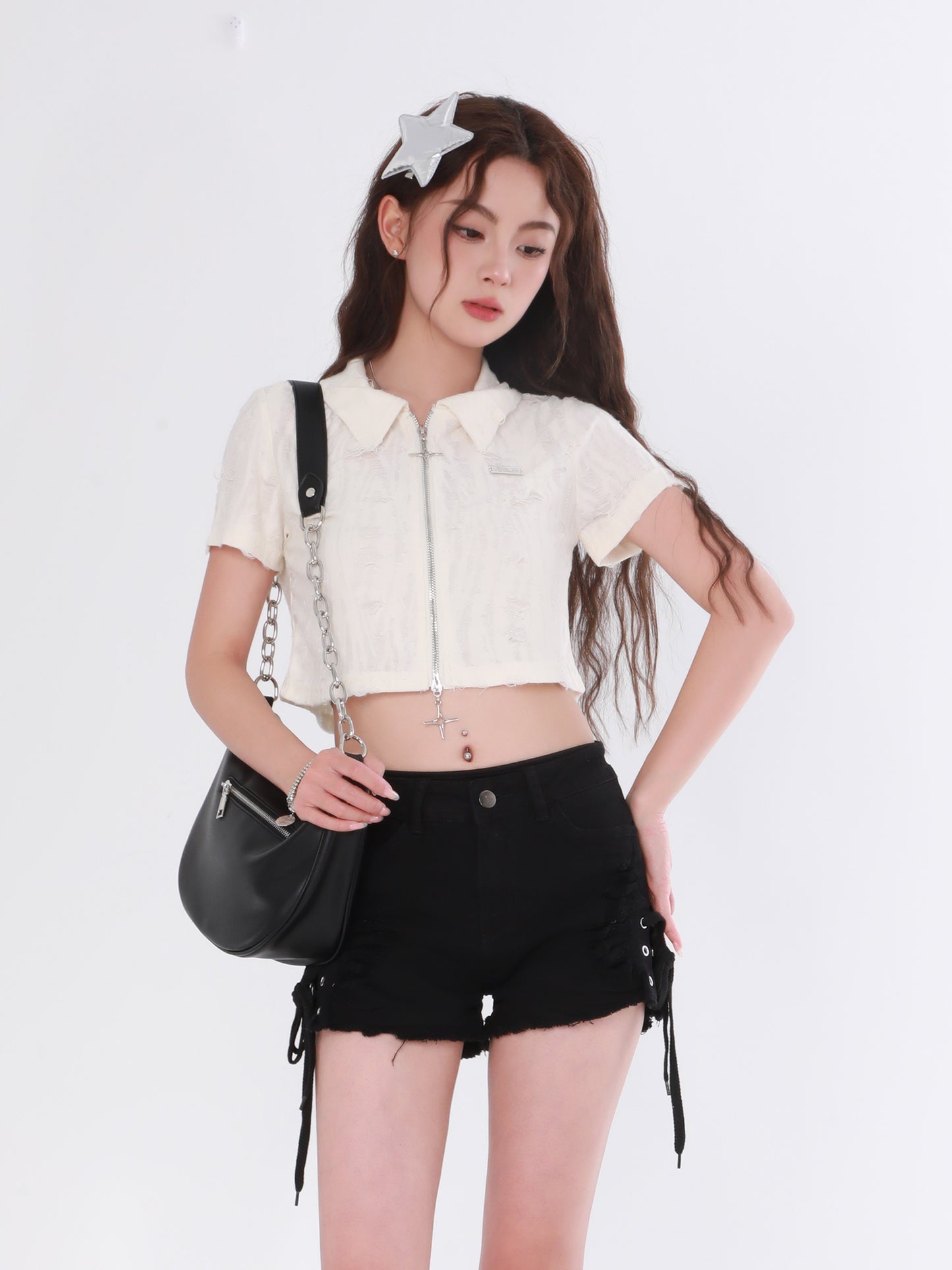 Destroyed Zip Crop Top