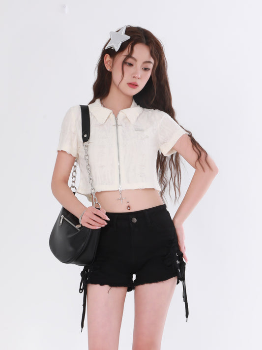 Destroyed Zip Crop Top