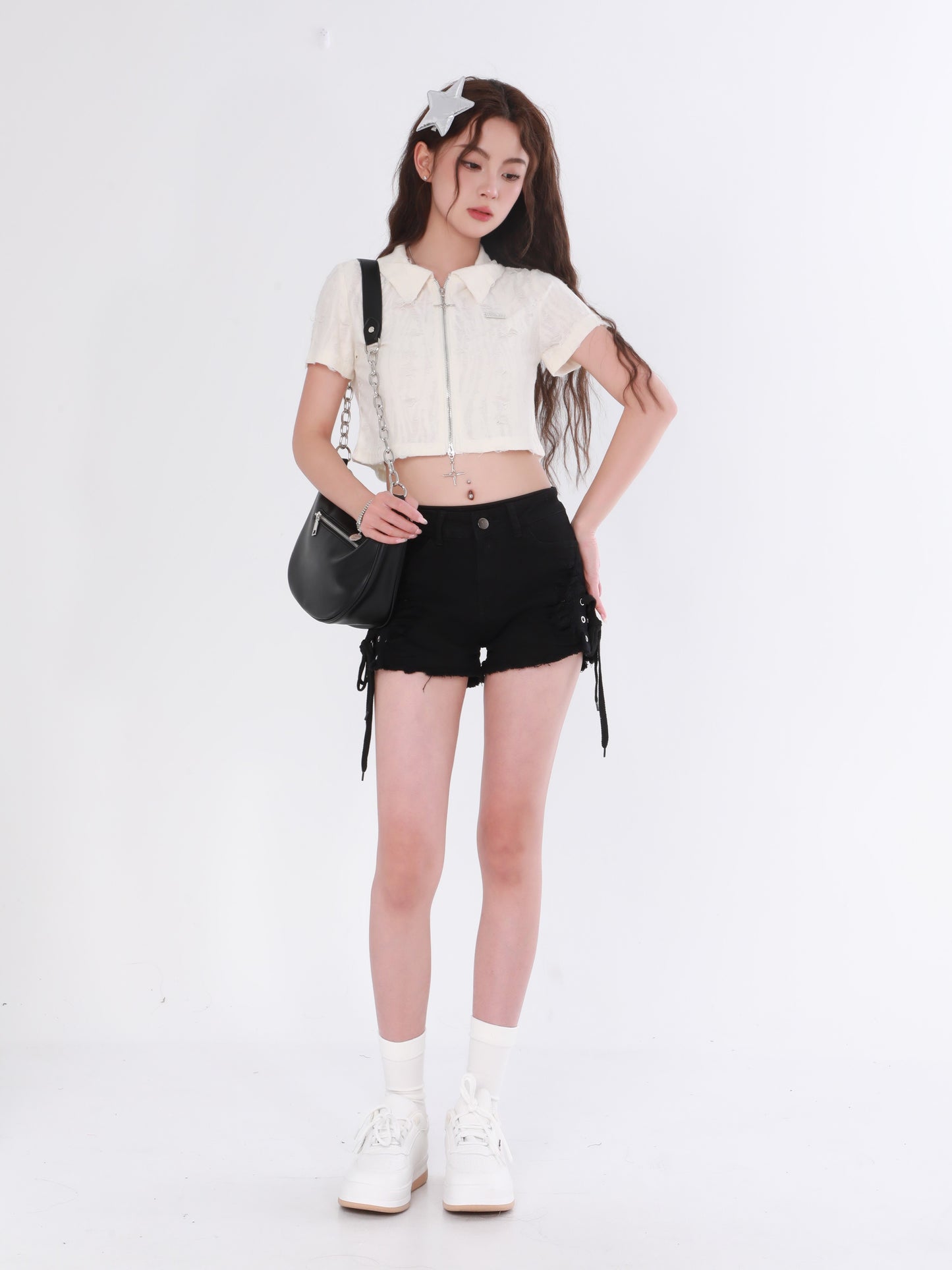 Destroyed Zip Crop Top