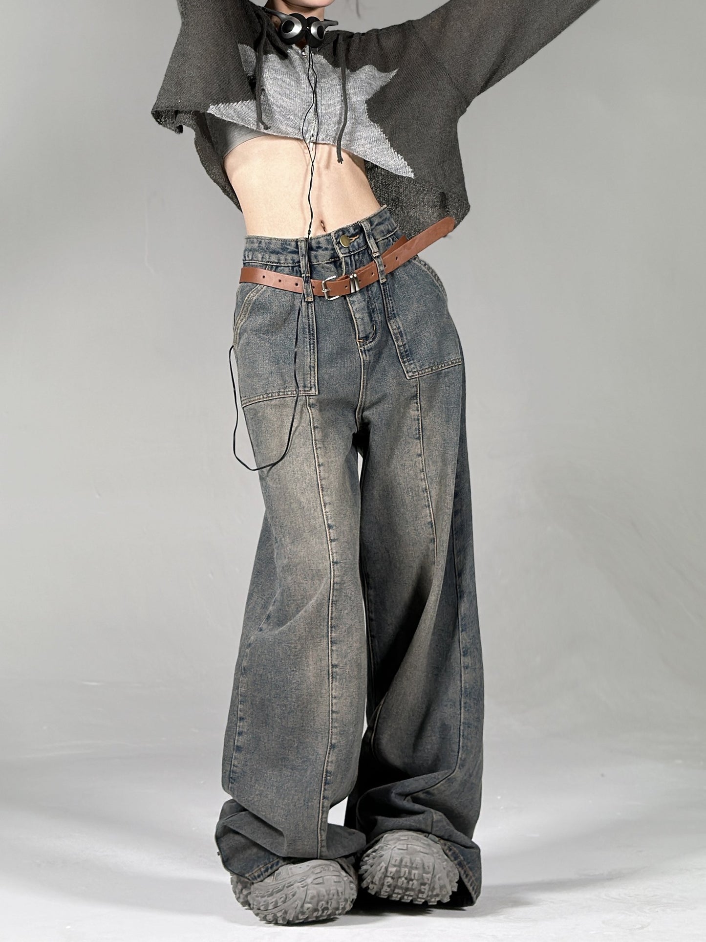 Sand Washed Wide Leg Jeans