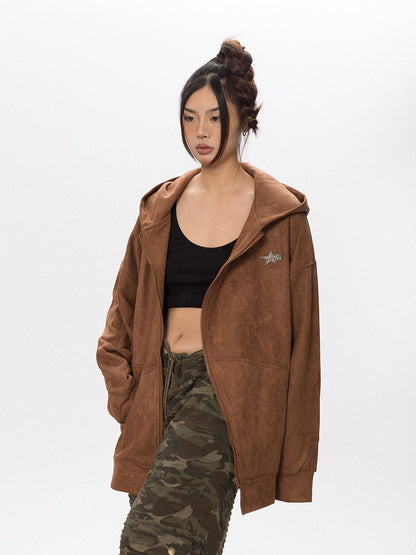 Asymmetric Zipper Faux Suede Hoodie