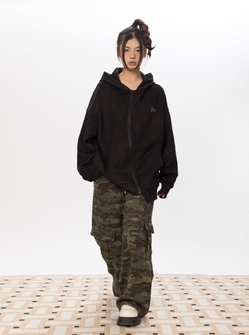 Asymmetric Zipper Faux Suede Hoodie