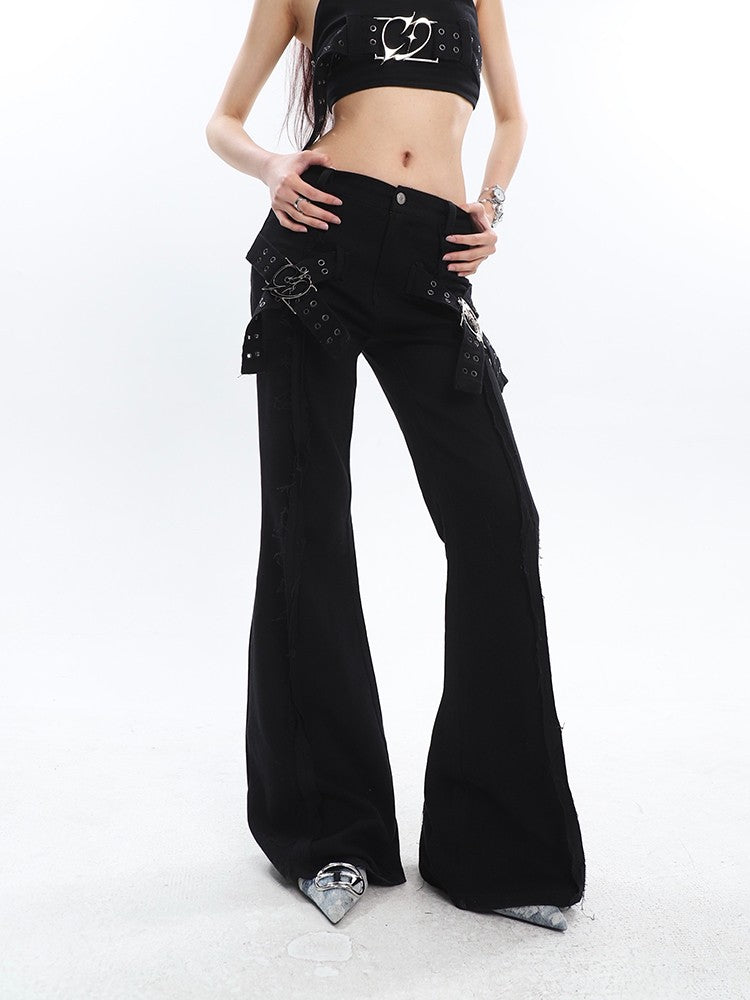 Cross Buckle Flared Jeans