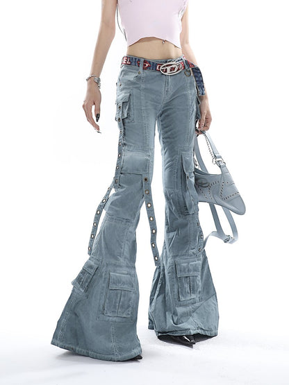 Flared Strapped Cargo Jeans