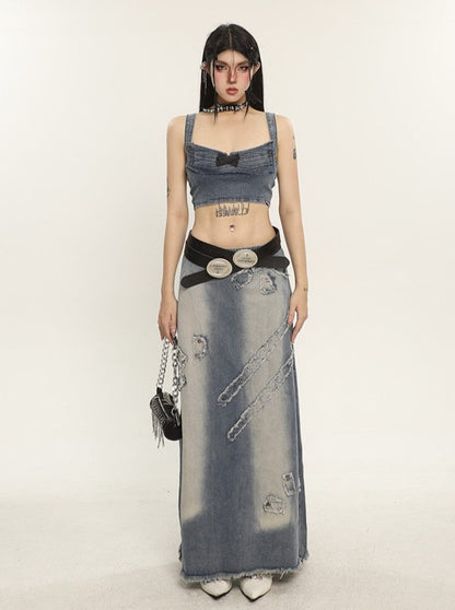 Raw Edge Denim Maxi Skirt