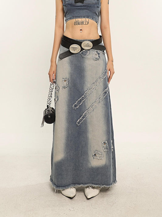 Raw Edge Denim Maxi Skirt