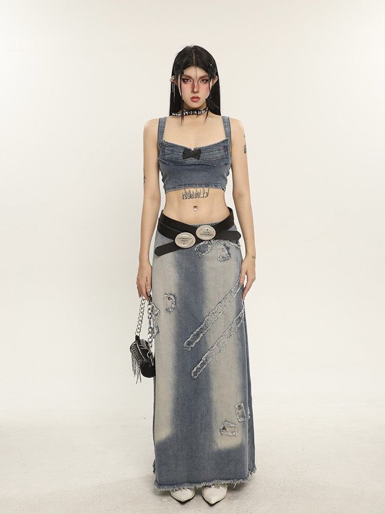 Bow Lace Up Denim Bustier Top