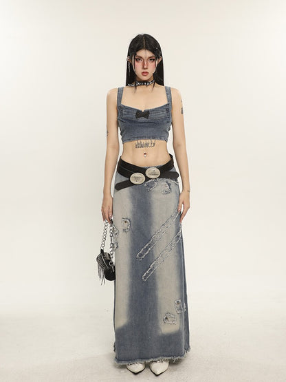 Bow Lace Up Denim Bustier Top