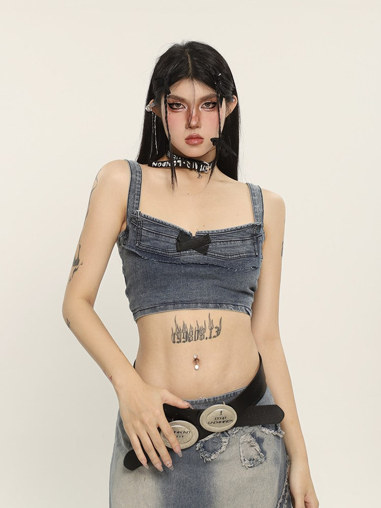 Bow Lace Up Denim Bustier Top
