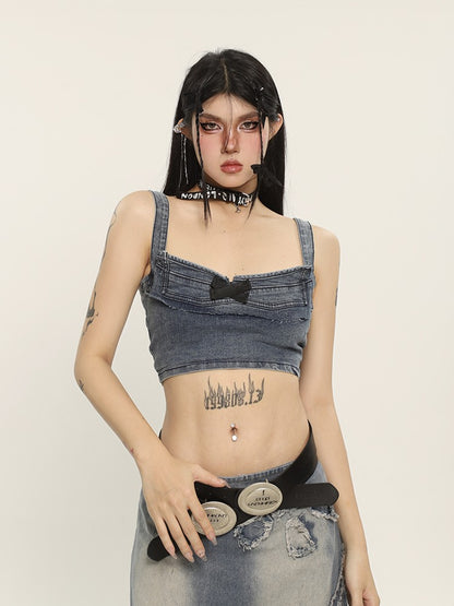 Bow Lace Up Denim Bustier Top