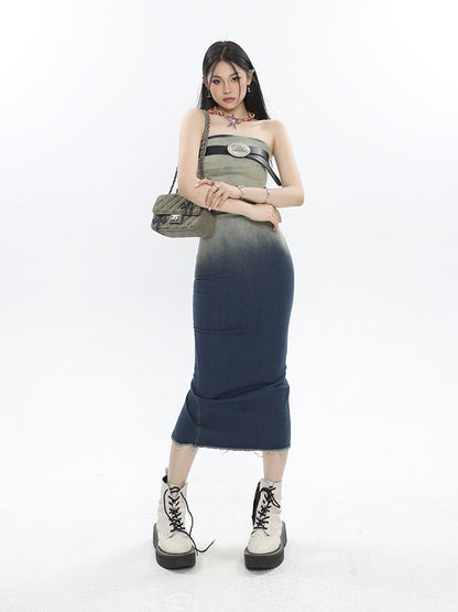 Gradient Raw Edge Tube Midi Dress