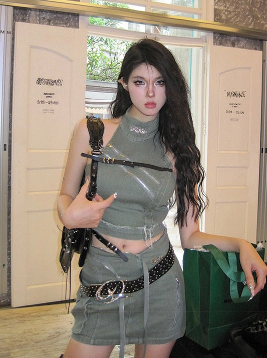 Denim Halter Top + Skirt Set