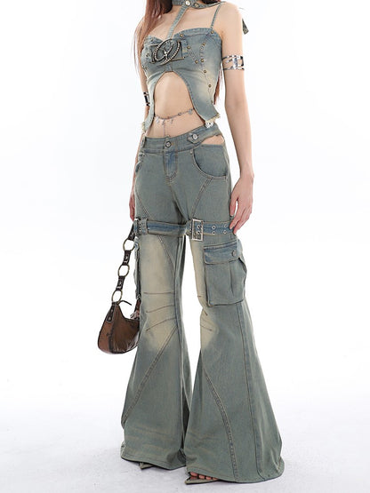 Flared Buckle Cargo Jeans