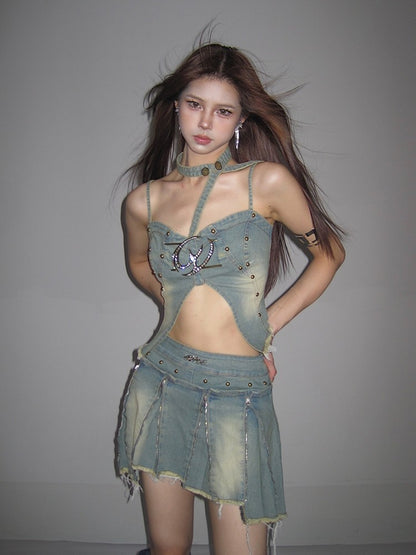 Denim Crop Top + Skirt Set