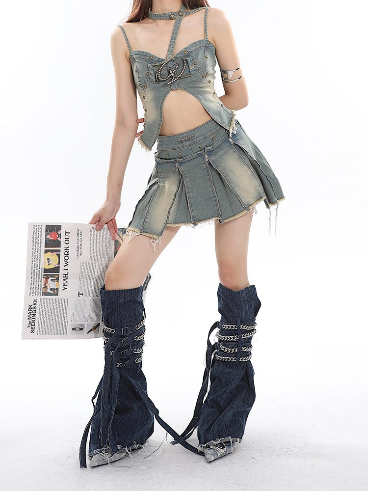 Denim Crop Top + Skirt Set