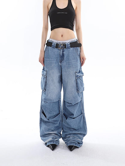 Slouchy Pleated Cargo Jeans