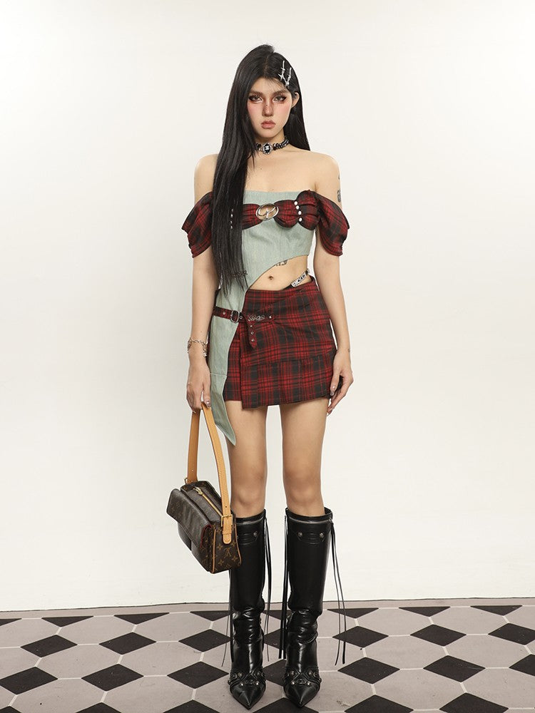 Plaid and Denim Off Shoulder Top + Skirt Set