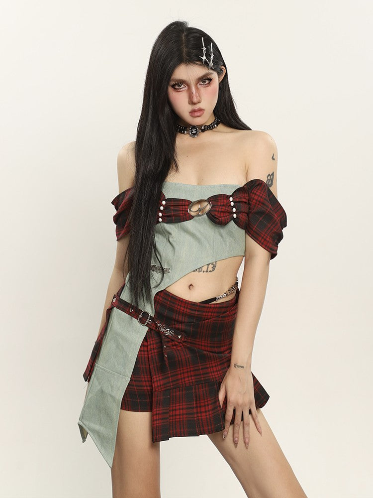 Plaid and Denim Off Shoulder Top + Skirt Set