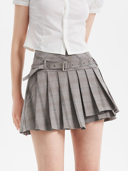 Belted Gray Plaid Skirt