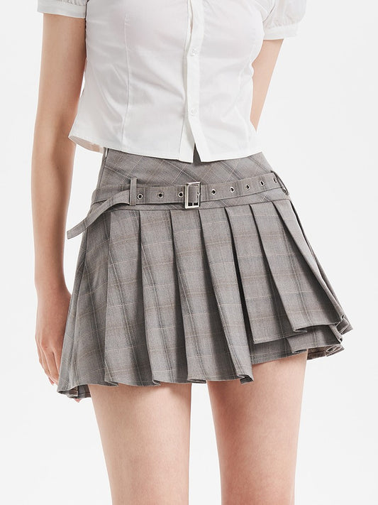 Belted Gray Plaid Skirt