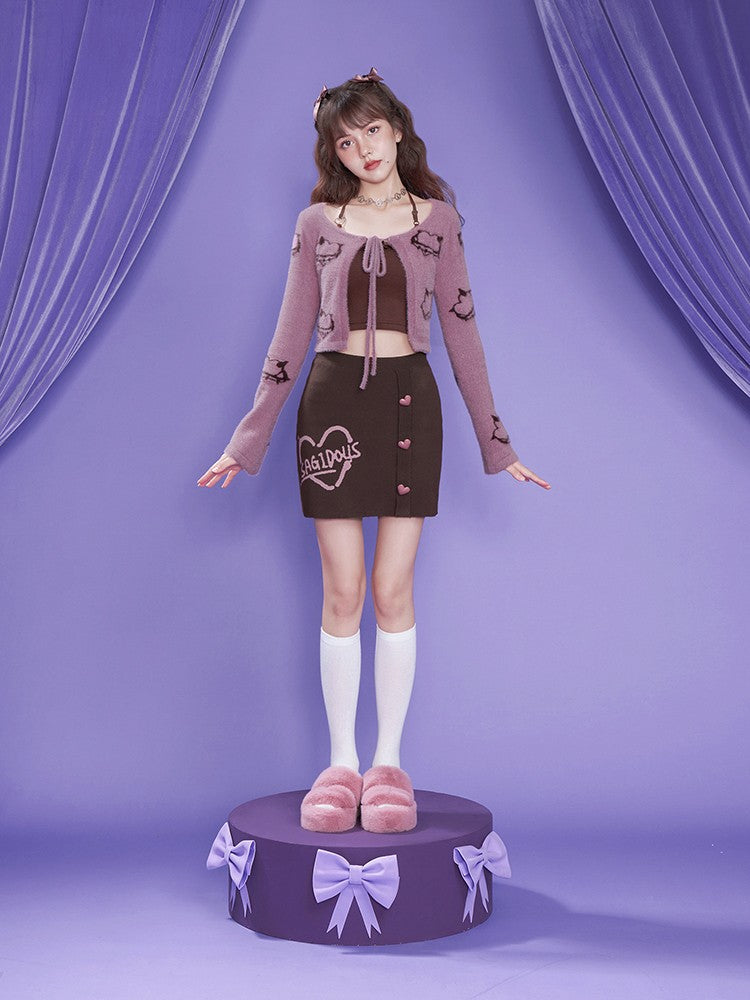 Strawberry Coffee Cardigan, Cami + Skirt Set
