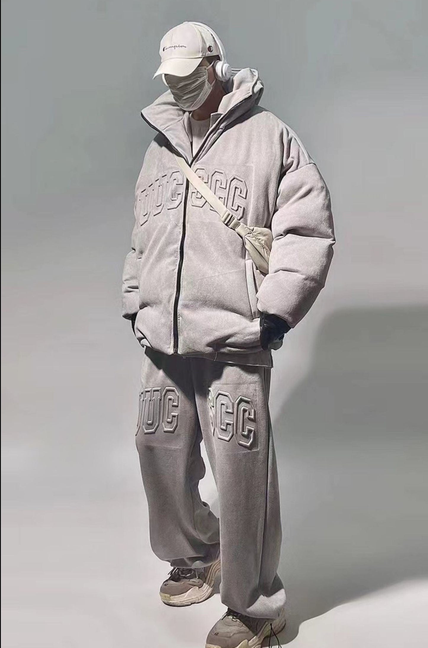 Streetwear Faux Suede Hooded Grey Puffer Jacket