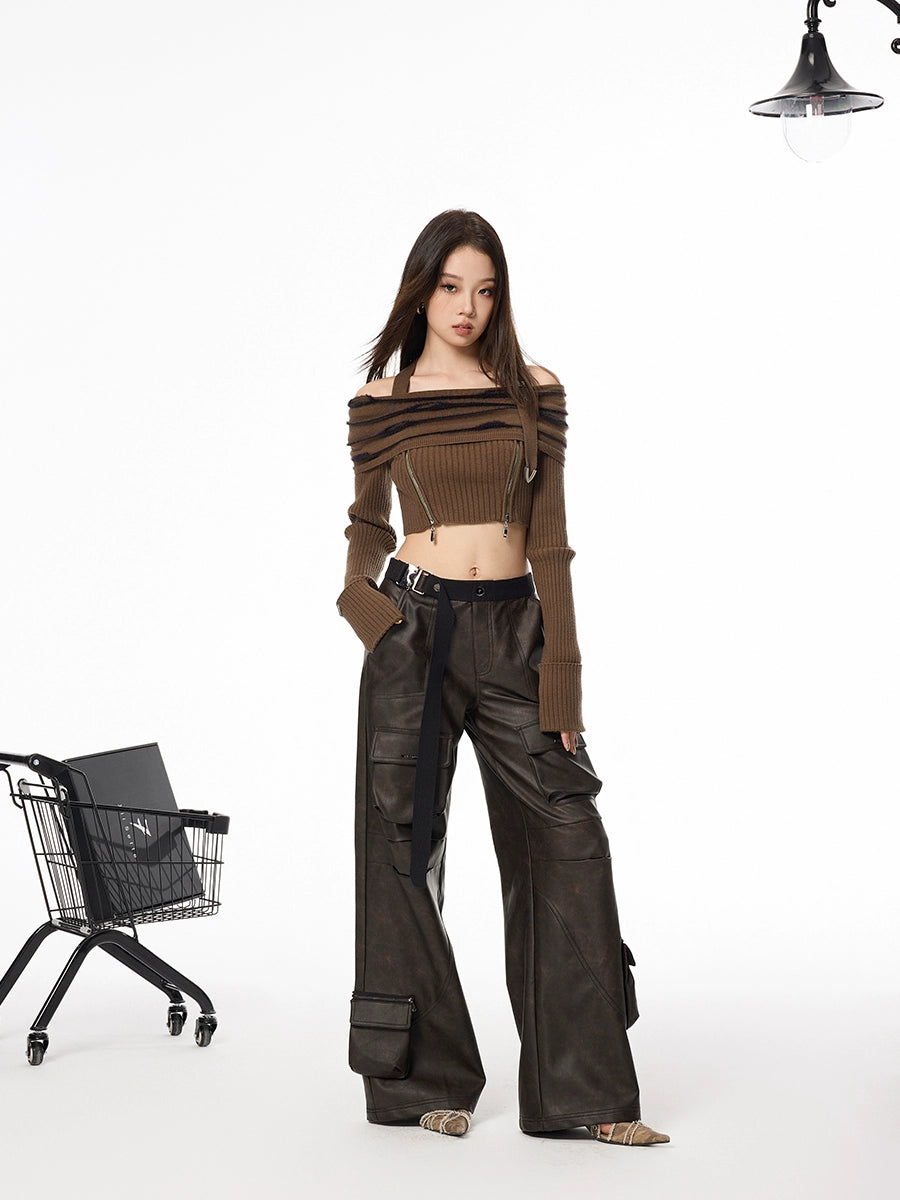 Wide Leg Faux Leather 3D Pocket Pants