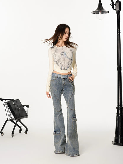 Corset Print Long Sleeve Top