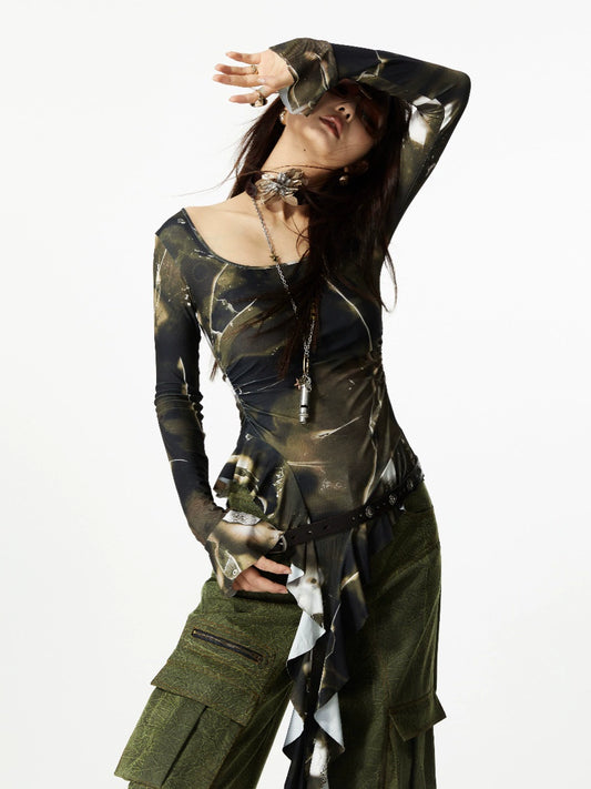 Olive Cascade Long Sleeve Top