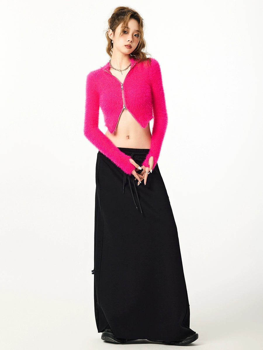 Double Zip Cropped Fuzzy Cardigan