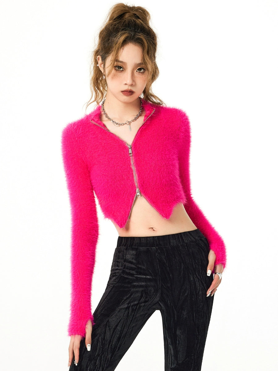 Double Zip Cropped Fuzzy Cardigan
