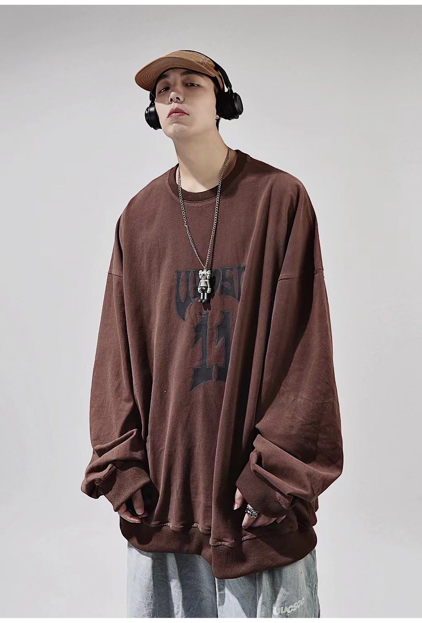 hip hop vintage distressed brown long sleeve top