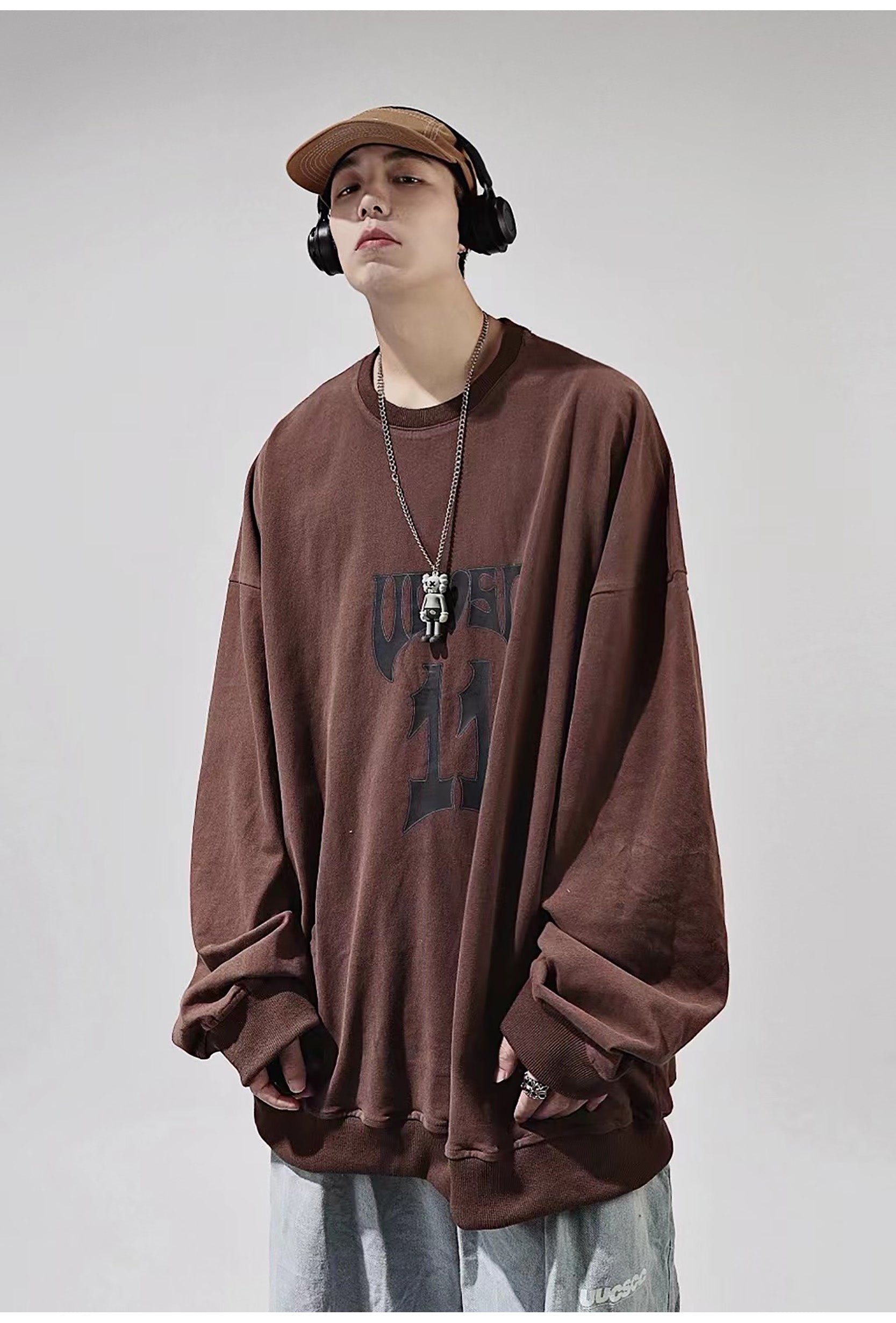 hip hop vintage distressed brown long sleeve top