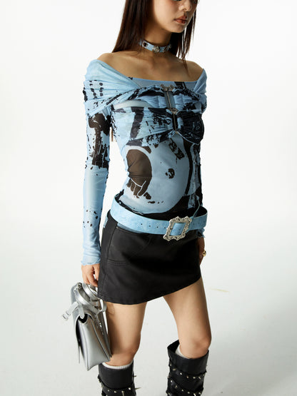 Celestial Buckle Off-Shoulder Long Sleeve Top