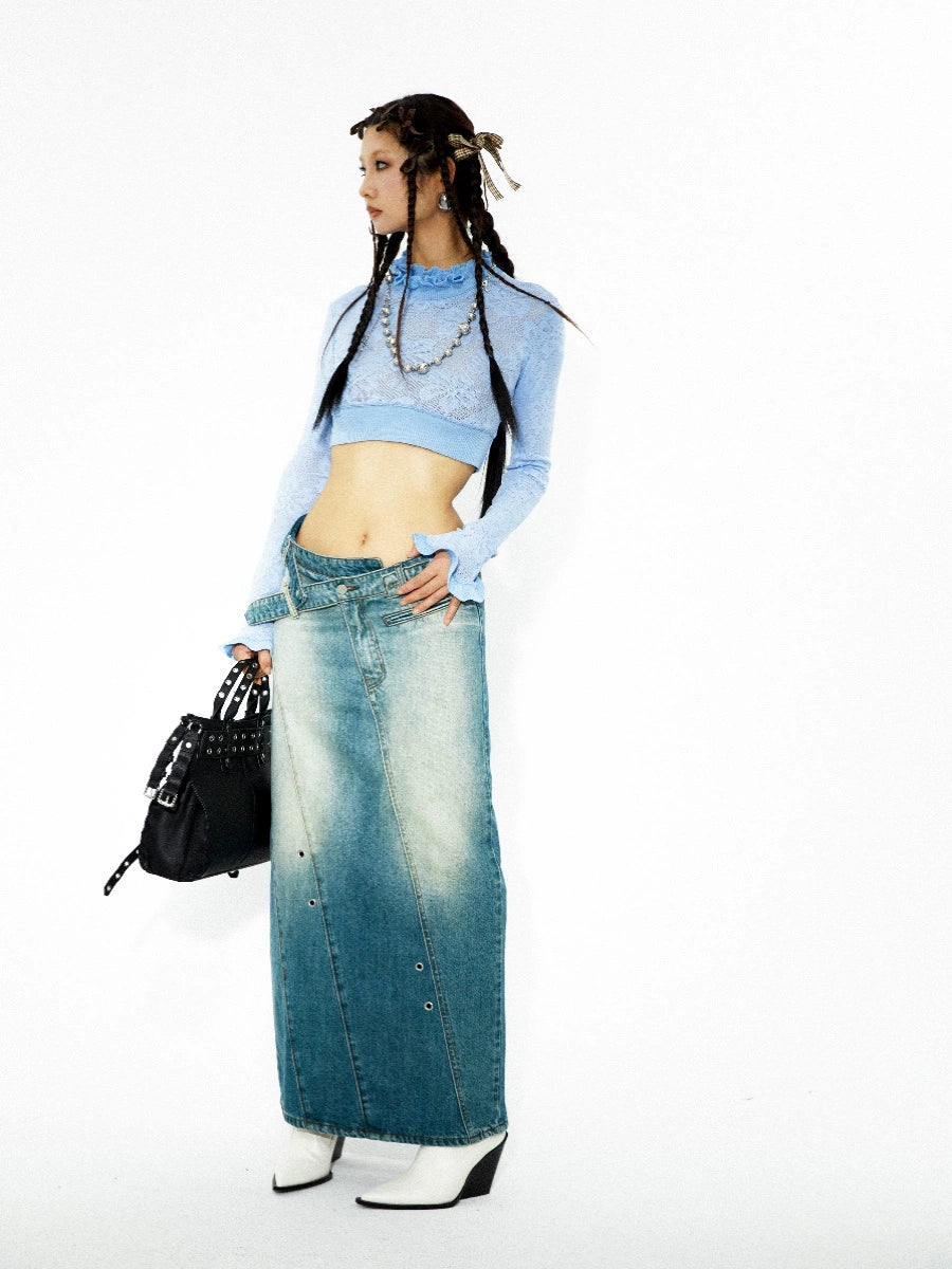 Asymmetric Belted Denim Skirt