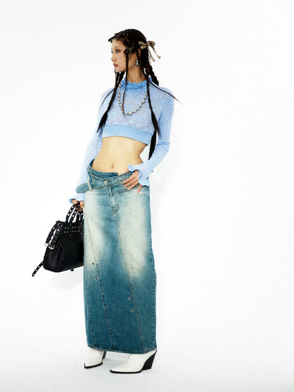 Asymmetric Belted Denim Skirt