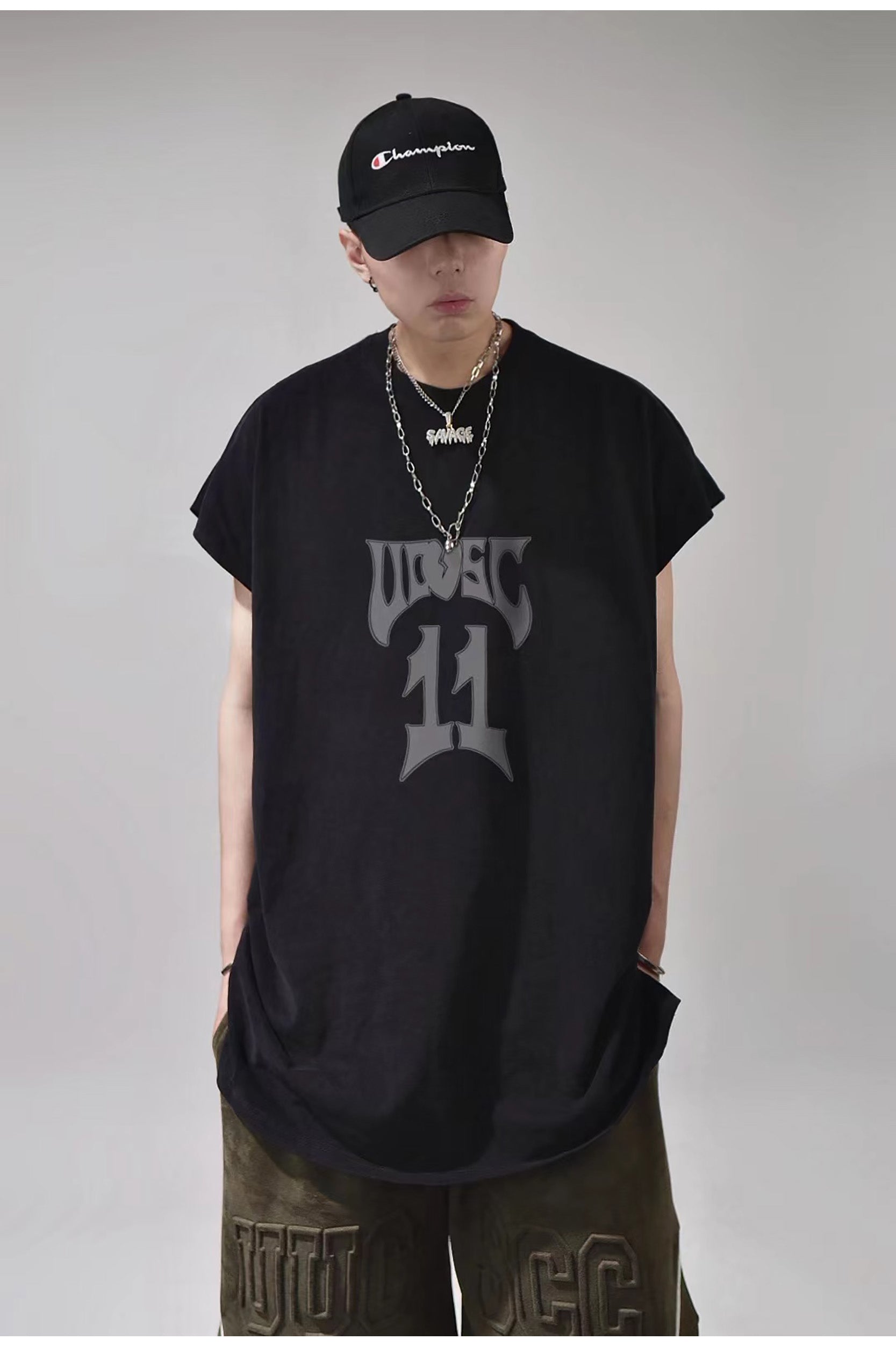 Hip Hop 11 Oversized Distressed Black  Sleeveless T-Shirt
