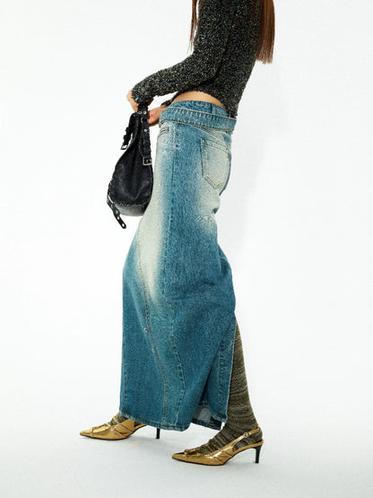 Asymmetric Belted Denim Skirt