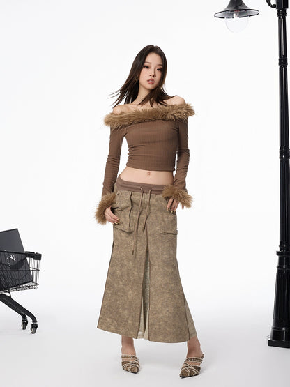 Off-Shoulder Fur-Trimmed Ribbed Top