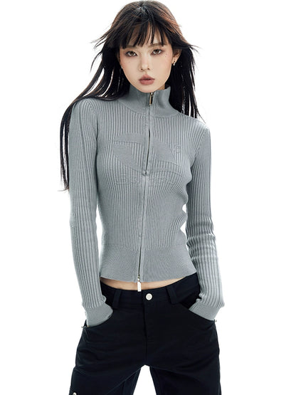 Double Zip Ribbed Knit Long Sleeve