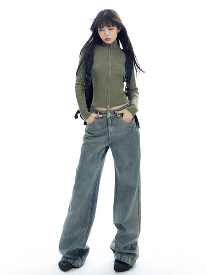 Double Zip Ribbed Knit Long Sleeve