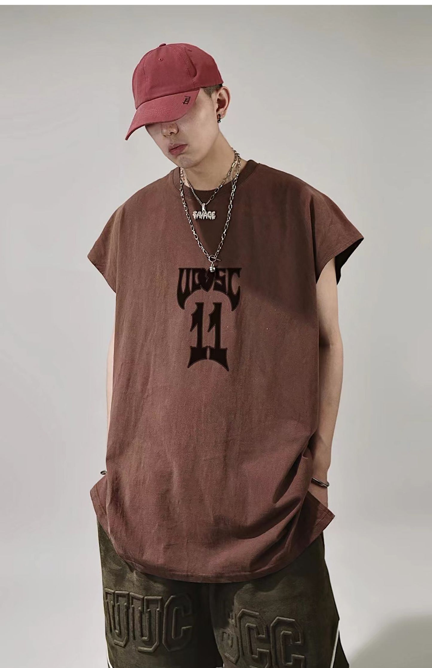 Streetwear 11 Oversized Distressed Brown Sleeveless T-Shirt