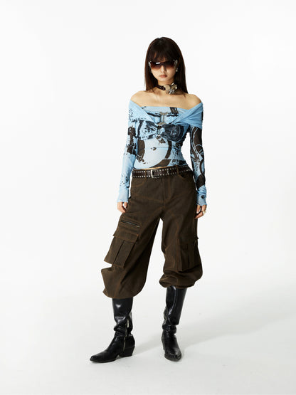 Celestial Buckle Off-Shoulder Long Sleeve Top