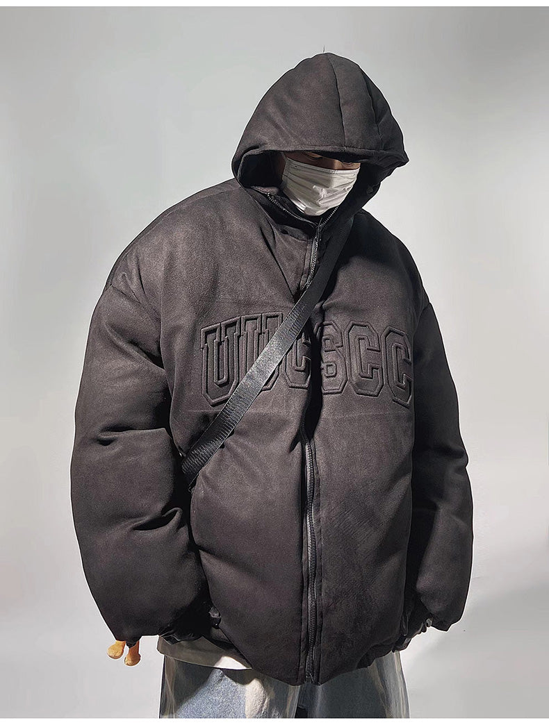 Streetwear Faux Suede Hooded Brown Puffer Jacket