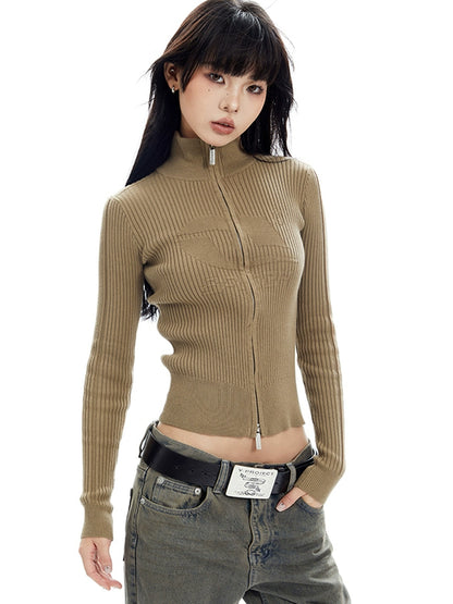 Double Zip Ribbed Knit Long Sleeve