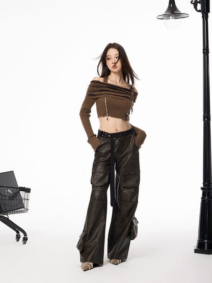 Wide Leg Faux Leather 3D Pocket Pants