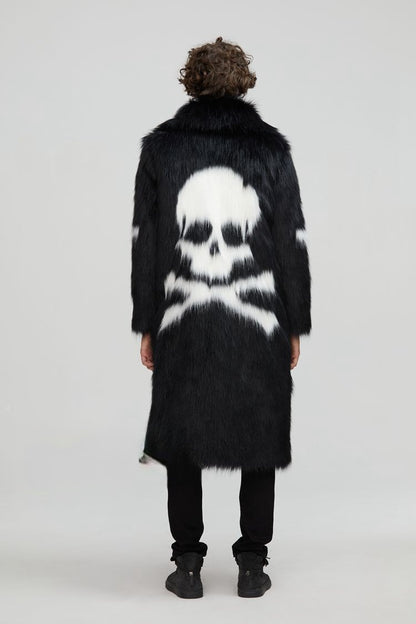 goth skull and crossbones black faux fur coat